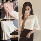 Faux Pearl Fluted Elbow-sleeve Chiffon Top