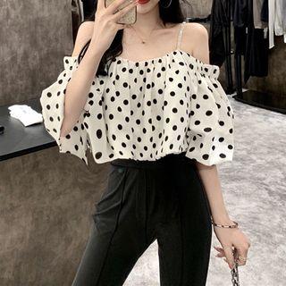 Cold-shoulder Dotted Top / Boot-cut Pants / Set