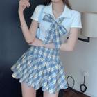 Short-sleeve Top / Plaid Tie / Skirt / Set