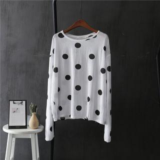 Long-sleeve Polka Dot T-shirt White - One Size