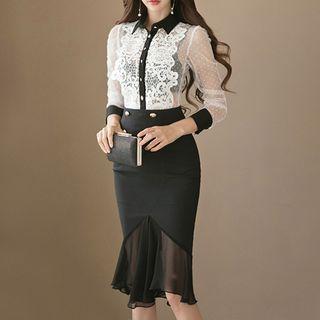 Set: Lace Shirt + Mermaid Midi Skirt
