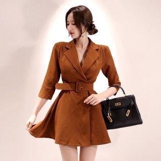 Elbow-sleeve Mini Collared A-line Dress