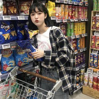 Hooded Plaid Shirt Jacket As Shown In Figure - One Size