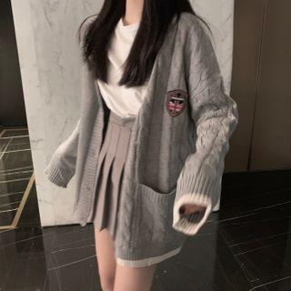 Embroidered Cable-knit Cardigan / Plain Long-sleeve T-shirt / Mini Pleated Skirt