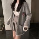 Embroidered Cable-knit Cardigan / Plain Long-sleeve T-shirt / Mini Pleated Skirt