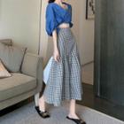 Balloon-sleeve Crop Top / Plaid A-line Midi Skirt