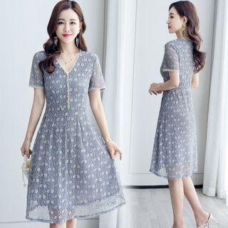 Short-sleeve Lace Floral A-line Dress