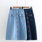 Strawberry Embroidered Midi A-line Denim Skirt Light Blue - One Size