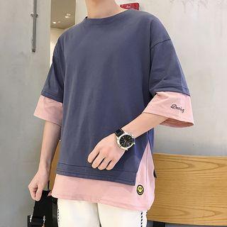 Smiley Applique Mock Two-piece Elbow-sleeve T-shirt