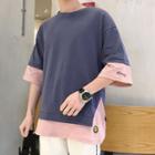 Smiley Applique Mock Two-piece Elbow-sleeve T-shirt