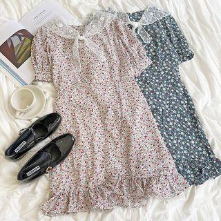 Puff-sleeve Floral Printed Lace Collar Dress