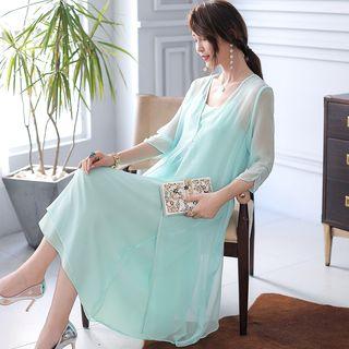 Spaghetti Strap Silk Midi Dress / 3/4-sleeve Embroidered Light Jacket