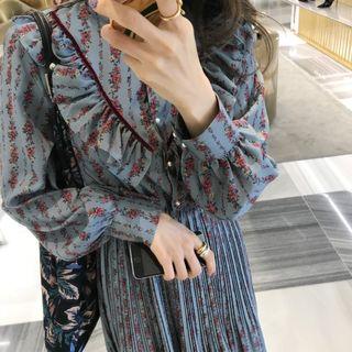 Frilled Floral Long-sleeve Midi Dress