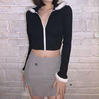 Fluffy Trim Hooded Zip Jacket