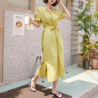 Open-placket Shirred Dress With Sash