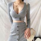 V-neck Long-sleeve Top / Sheath Skirt