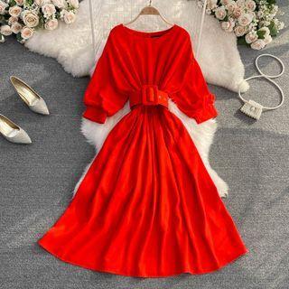 Elbow Sleeve Belted Maxi Dress