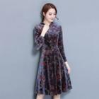 Long-sleeved Floral Embroidered Stand Collar A-line Sheath Dress