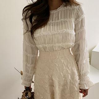 Frilled Smocked Sheer Blouse Ivory - One Size