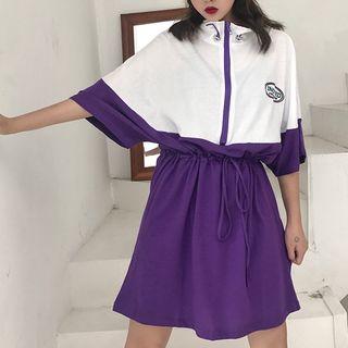 Color Block Drawstring Elbow-sleeve Dress