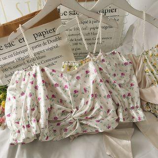 Pearl-strap Twisted Printed Crop Top