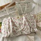 Pearl-strap Twisted Printed Crop Top