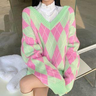 Argyle Sweater Pink & Green - One Size