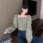 Long-sleeve Crinkled Blouse Army Green - One Size