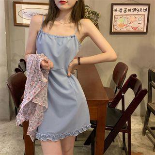 Spaghetti Strap Mini A-line Dress / Flower Print Blouse