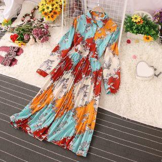 Print Accordion Pleat Maxi A-line Dress