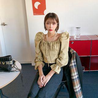 Puff-shoulder Beribboned Crinkled Blouse
