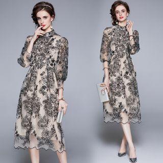 3/4-sleeve Floral Embroidered Mesh Midi A-line Dress