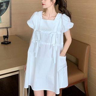 Square Neck Puff Sleeve Plain Dress