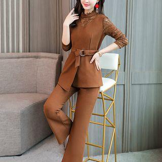 Set: Long-sleeve Lace Panel Top + Boot-cut Pants