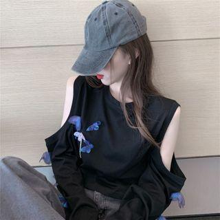 Off Shoulder Printed Butterfly Long-sleeve Top