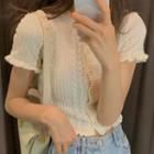 Short-sleeve Frill Trim Knit Top White - One Size