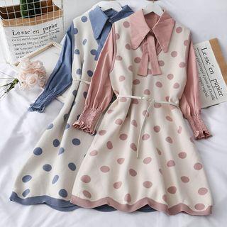 Set: Tie-neckline Plain Shirt + Dotted Sleeveless Dress With Belt