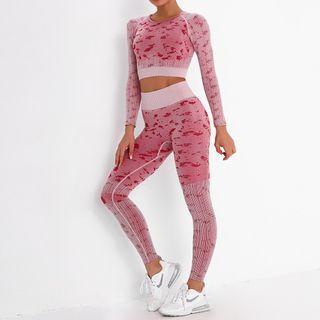 Set: Print Long Sleeve Cropped Sports Top + Pants