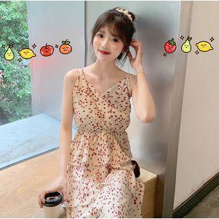 Spaghetti Strap Heart Patterned Midi Tiered Dress