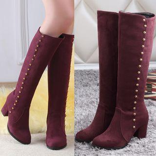 Beaded Chunky Heel Long Boots