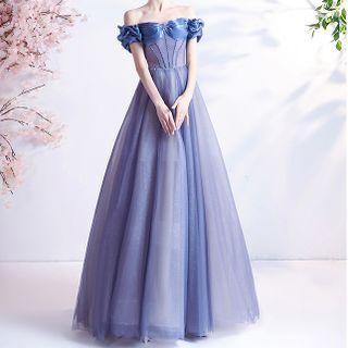 Off-shoulder Paneled A-line Evening Gown