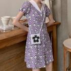 Short-sleeve Flower Print Buttoned A-line Mini Dress Purple - One Size