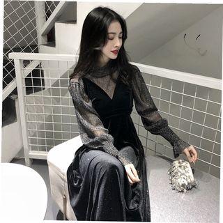 Set: Mock Neck Mesh Blouse + Spaghetti Strap Midi Velvet Dress