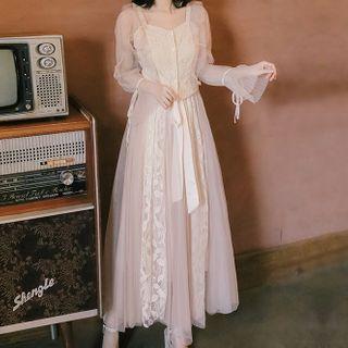 Set: Long-sleeve Paneled Lace Blouse + Midi A-line Skirt