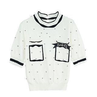 Short-sleeve Rhinestone Bow Knit Top