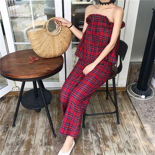 Set: Plaid Strapless Top + Straight-cut Pants