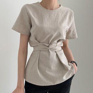 Plain Short-sleeve Tie-waist Blouse Khaki - One Size