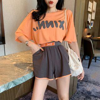 Set: Short Sleeve Letter Print T-shirt + Sport Shorts