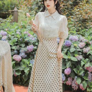 Set: Puff-sleeve Floral Embroidered Blouse + Dotted Midi A-line Skirt