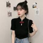 Mandarin Collar Short-sleeve Knit Top